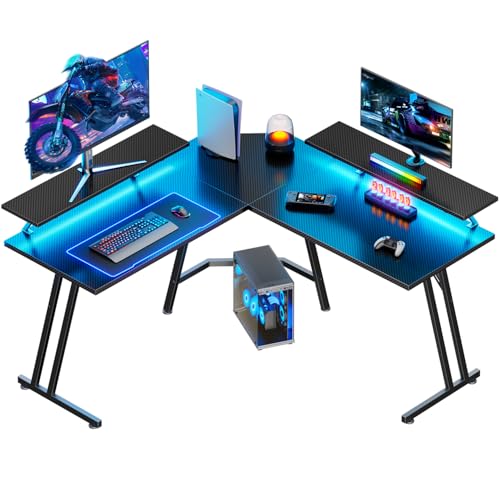 HLONONE Gaming Tisch L Form mit LED, Eckschreibtisch, Gaming Schreibtisch L-förmiger mit Monitorständer, Computertisch für Büro Arbeitszimmer Schlafzimmer, Gamer Tisch 130 x 130 cm, Schwarz