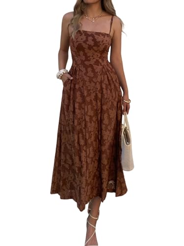 Evzeiem Women's Floral Dress Summer Maxi Sundress with Pockets Boho Casual Spaghetti Strap Flowy Dresses Flowy A Line Beach Outfits Brown S