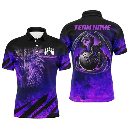 ChipteeAmz Custom Dragon Flame Bowling Shirts, Black Purple Green Red Dragon Fire Team Bowling Jerseys for Men and Women