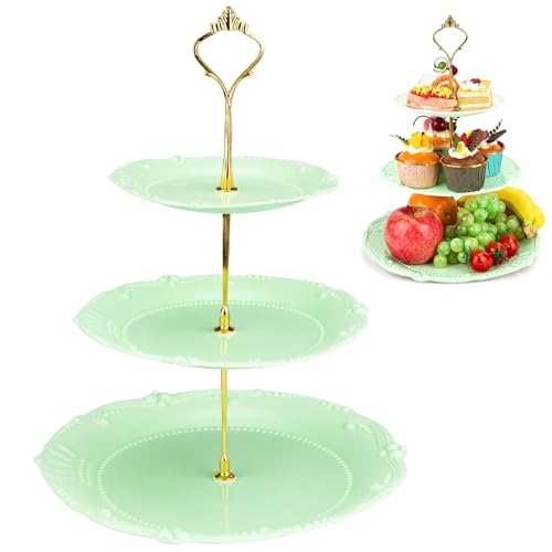 Image of 3 Tier Plastic Cake Stand Tiered Serving Embossed Stand Reusable Food Serving Platter Dessert Cupcake Holder for Party Birthday Wedding Graduation Afternoon Tea Tray for Cookies Fruits Candy (Green)