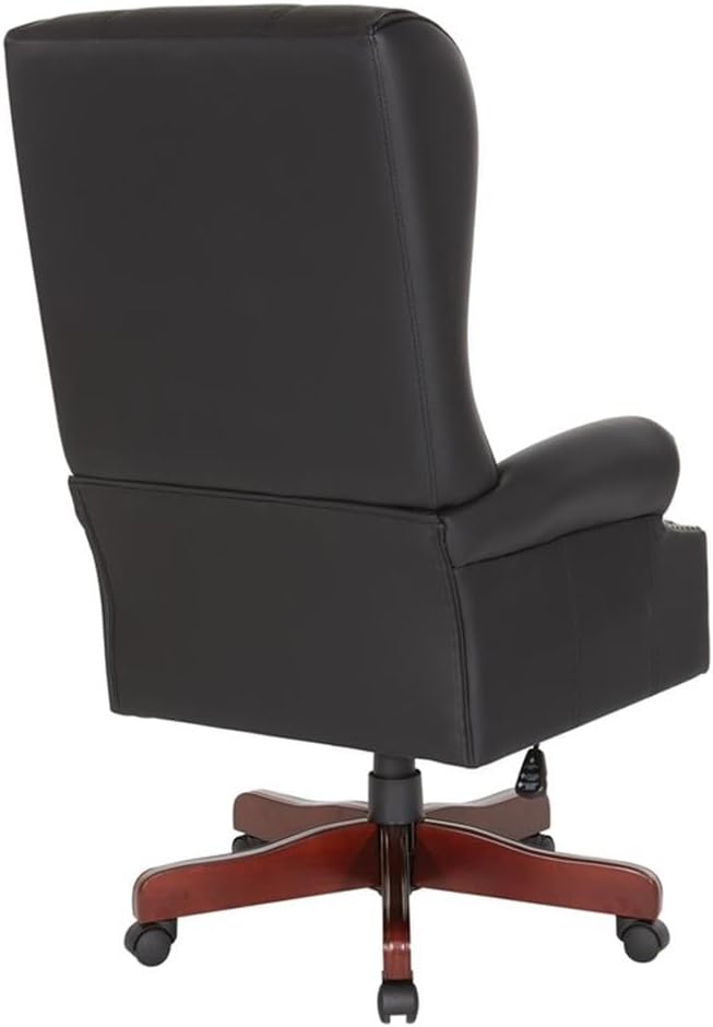 Pemberly Row Traditional Executive High Back Chair, Black Vinyl Upholstery, Brass Nail Trim, Royal Cherry Wood Base, Adjustable Height, Tilt Control, Thick Cushions, 29" W x 32" D x 47" H