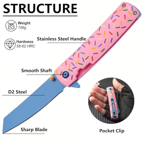 10MOONS Pocket Knife, 7.1inch Pink Pocket Knife, Stainless Steel Blade with Anti-slip Handle Pocket Clip, Folding Knife for Camping Hiking Survival and EDC, Pocket Knives & Folding Knives