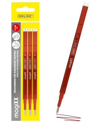 ONLINE MagiXX Recambio de tinta borrable, color rojo, 3 unidades, 0,7 mm, mina de gel compatible con todos los sistemas comunes, para bolígrafos borrables, bolígrafos de