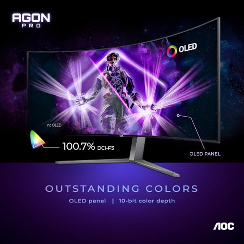 Image of AOC Agon PRO AG456UCZD 45'' Ultra Wide Curved OLED Gaming Monitor, 21:9 WQHD 3440x1440, 240Hz 0.03ms, FreeSync Premium, 800R, USB-C Docking, Frameless, PS5 /Switch /Xbox; Light FX, Height Adjustable