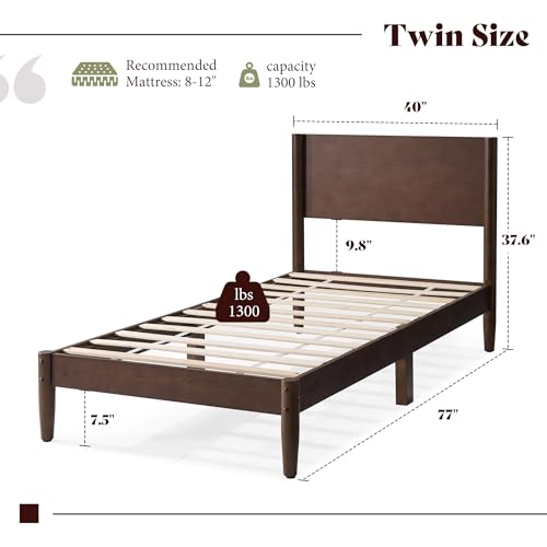 Image of AMERLIFE Solid Wood Twin Bed Frame, Mid Century Modern Platform Bed with Full Panel Headboard, Noise-Free & Cylindrical Legs, No Box Spring Needed, Under-Bed Storage, Dark Walnut