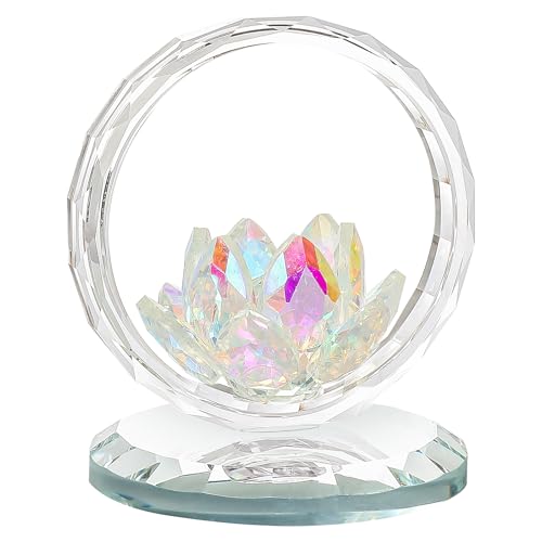 LONGWIN Crystal Lotus Flower Basket Figurine Collectible Glass Flowers Art Decor Reflection Feng Shui Decorative Ornaments for Living Room Bedroom Office AB - Coated