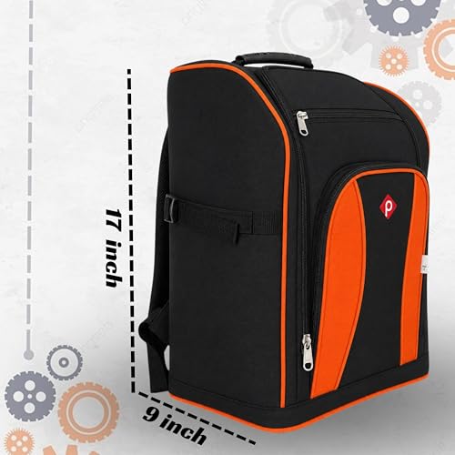 Image of PAHAL Professional Tool Backpack Heavy Duty, Large Capacity Multi-Pocket Backpack for Electrician, Technician, Carpenter, Plumber & Service Engineer, Water Resistant Nylon Tool Organizer, Black /Orange