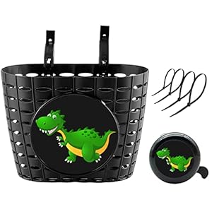 YeloYolker Boys Bike Basket with Bell, Cute Dinosaur Bicycle Basket for Kids, Toddlers, Plastic Front Handlebar Basket for Scooter, Tricycle(I-Rex)