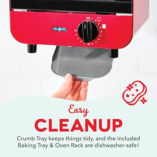 Dash Mini Toaster Oven - Sleek & Stylish - For Creative Homemade Treats - Compact, Space-Saving Design - adjustable temperature dial - Removable Baking Tray - Red