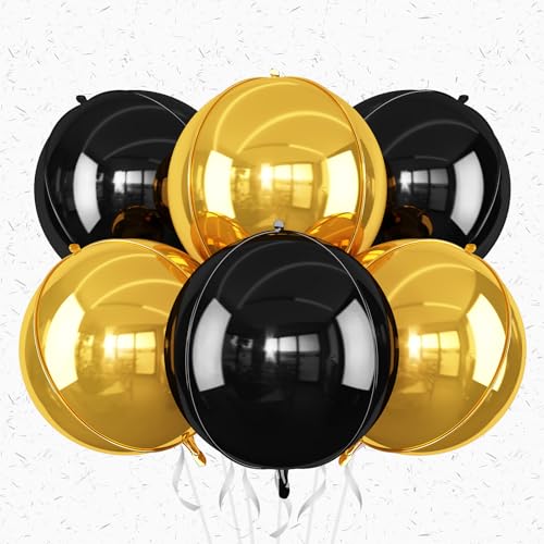 6 Pcs Black Gold Round Foil Balloons, 22 Inch Giant 4D Metallic Balloons