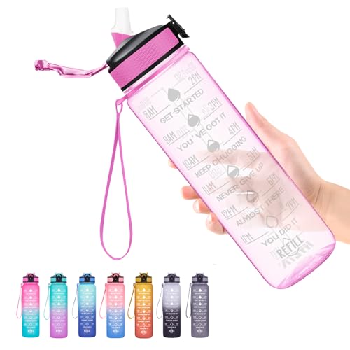 Hyeta Clear Water Bottle with Straw & Time Marker, Plastic 32oz Leakproof