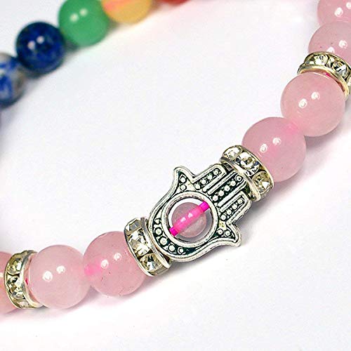Image of Reiki Crystal Products Certified Natural Crystal Stone 7 Chakra with Hamsa 8 mm Round Beads Bracelet for Men & Women | Reiki Charged Gemstone Bracelet | Multiple Stone Variants Available
