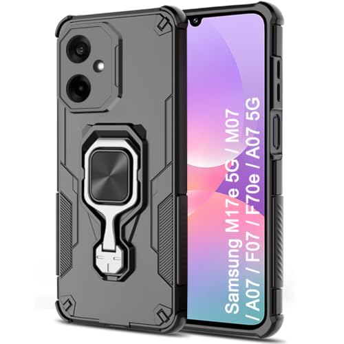 Image of TheGiftKart Tough Armor Bumper Back Case Cover for Samsung Galaxy M17e 5G / M07 / A07 / F07 / F70e / A07 5G | Ring Holder & Kickstand In-Built | 360 Degree Protection Back Case Cover (PC & TPU, Black)