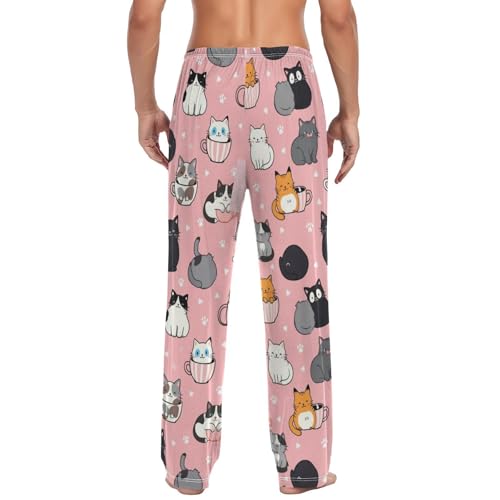 Cute Cat Heart Pajama Pants Cartoon Pink Animals Men's Pajama Bottoms Lounge Sleepwear PJs Casual Lightweight Sleep Pants L2