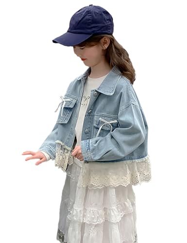 5-14Years Little Big Girl Lace Spliced Denim Jackets Classic Blue Jean Jacket Kids Outerwear Casual Cute Coat Spring3