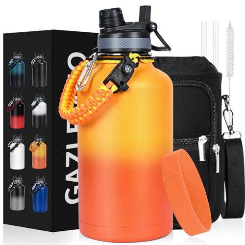 Image of GAZLEMHO Insulated Water Bottle 64 oz, Half Gallon Water Jug Cold 48H, BPA Free Stainless Steel Bottles with Straw /Chug 2-in-1 Lid, Bag, Paracord Handle, Silicone Boot, Sports Gym School Metal Flask