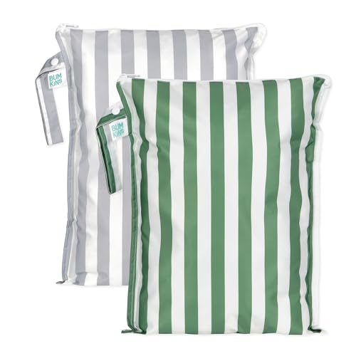 Image of Bumkins - Larger Waterproof Wet Bag - For Baby, Travel, Swim Suit, Cloth Diapers, Pump Parts, Pool, Gym, Toiletry, Strap to Stroller - Reusable & Easy to Clean - 2pk - Gray & Green Stripe