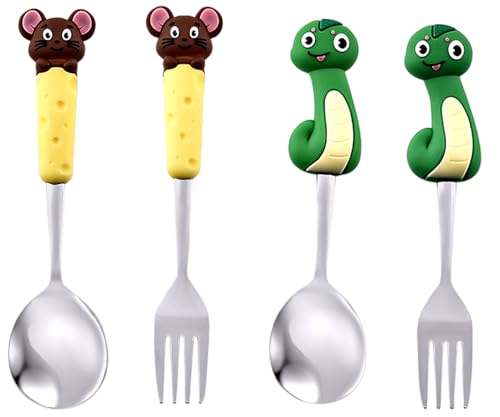 Mom'so cool Cute Animal Flatware Set, Kids Utensils with Mouse and Snake Handles, Stainless Steel Spoon and Fork, Yellow Green and Brown