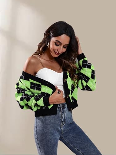 Wowcarbazole Women's Knit Cardigan Sweaters Long Sleeve Argyle Open Front Button Down V Neck Cropped Coats Casual Trendy Tops3