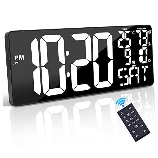 18 Inch Oversized Digital Wall Clock with Remote Control, Auto-Dimming, Temperature, Date/Day of Week, Large Display, Multi-Functional, White