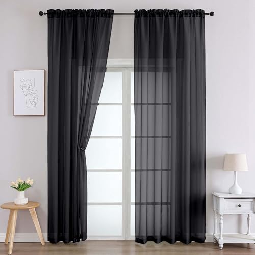 Image of Chyhomenyc Black Sheer Curtains 78 Inches Long 2 Panels Set for Living Room, Light Filtering Voile Lightweight Bedroom Curtains, Rod Pocket Solid Window Treatment Drapes, Each 42W x 78L