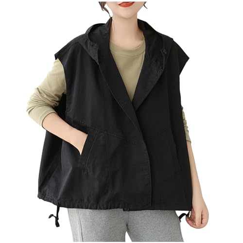 Women'S Gilet Ladies Waistcoats Women Vest Plus Size Hoodie Women Spring/Summer Solid Pocket Hem Drawstring Loose Button Top Thermal Winter Wear Outwear Sleeveless Cardigan For Women Body Warmer