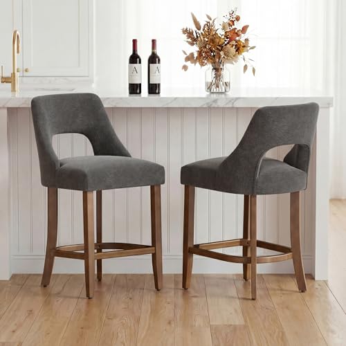 Image of UVV Bar Stools Set of 2, Upholstered Counter Height Bar Stools, Modern Counter Stools with Wood Legs for Kitchen Island Dining Room Bar, Dark Grey