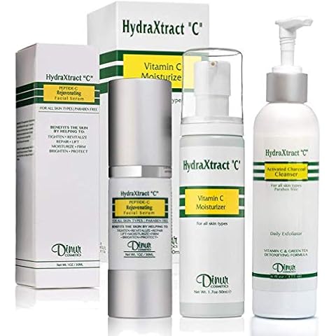 Dinur Cosmetics HydraXtract C Bundle Collection- Consisting of Vitamin C Moisturizer, Rejuvenating Peptide C Facial Serum and Activated Charcoal Cleanser Cover