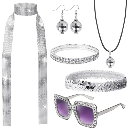 ERDOGLY 6 Pcs 70s Women Disco Accessories, Disco Costume Set with Jewelry Sequin Scarf, Headband, Diamond Bracelet, Silver Ball Necklace Earring, Sunglasses for Halloween Cosplay