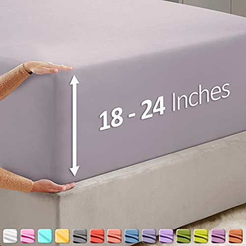 Image of Hearth & Harbor Extra Deep Pocket Queen Fitted Sheet - Fits 18 to 24 Inch Mattress - Ultra Soft 1800 Microfiber, Wrinkle-Free & Breathable - Hotel Luxury Fitted Sheet Only, Grey Lavender