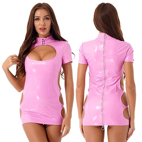 Vestido De Mujer Ahueca Hacia Fuera La Cremallera Trasera Mini Vestidos Vestidos De Charol De Látex Disfraces Cuello Alto Manga Corta,Rosado,L Cover