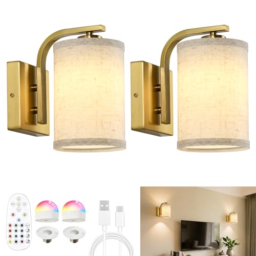 Image of Battery Operated Wall Sconces Set of Two, Dimmable Battery Wall Light with RGB Bulb, Rechargeable Wall Mounted Sconce Lamp with Remote Control for Bedroom, Living Room, Entryway, Gold