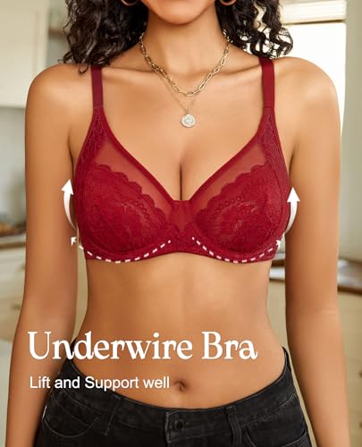 Image of Avidlove Womens Lace Bras Sexy Underwire Unlined Bra V Neck Mesh Everyday Bra Lingeries No Padded