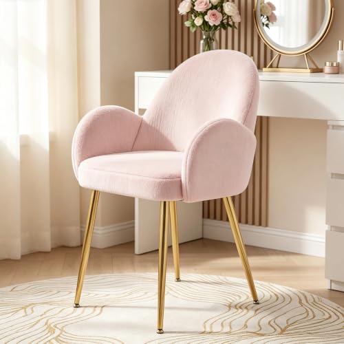 Image of Eifizek Petal Makeup Vanity Chair with Back, Cute Flower Office Desk Chair Comfy No Wheels for Girls /Women, Corduroy Upholstered Chair with Gold Metal Legs for Living Room, Bedroom, Home Office, Pink