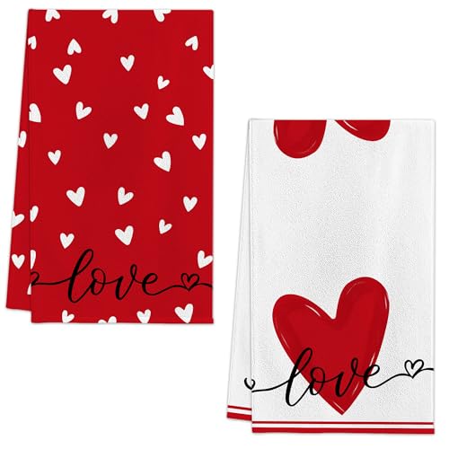 Image of FUTBU Valentines Day Kitchen Towels Set of 2, Red Heart Love Dish Towels 18x26 Inch Drying Dishcloth,Valentine Day Decorations for Home Housewarming Gifts Bathroom