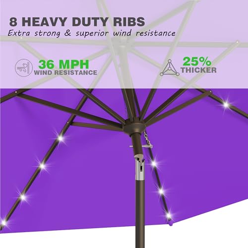 AreShark 9FT Solar Umbrella 32 LED Lighted Patio Umbrella Table Market Umbrella w/Tilt and Crank Outdoor Umbrellas for Garden, Deck, Backyard, Pool and Beach, Purple