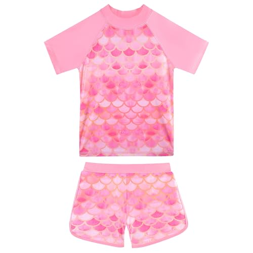 Image of BAOHULU Girls Rash Guard Swimsuit Two Piece Bathing Suit UPF 50+ Short Sleeve Summer Beach Swimwear Size 3-14 Years