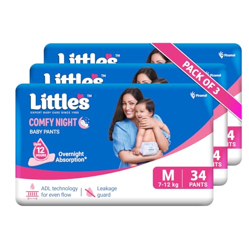 Image of Little's Baby Diapers M Size (Medium) Pants Style | 7-12 kg |102 Count | Comfy Nights Baby Diaper Pants with Leakage Guard & Upto 12 Hours Absorption (34 Count, Pack of 3)
