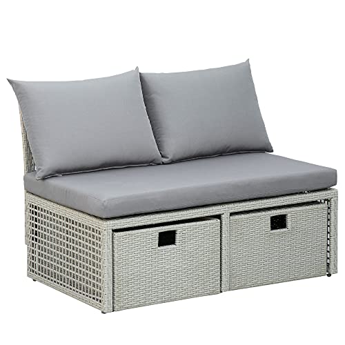 Outsunny Conjunto de muebles de jardín de 3 plazas - sofá de 2 plazas, reposapiés, caja de almacenaje - 4 cojines incluidos - ratán gris imitación resina tejida