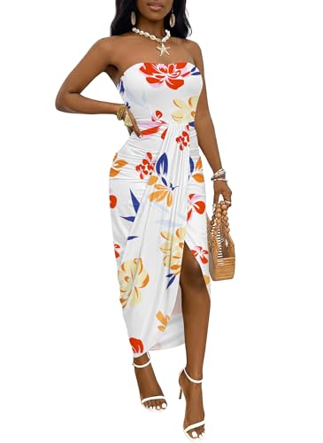 Image of Umenlele Women's Strapless Ruched High Waist Wrap Split Asymmetrical Beach Maxi Long Dress
