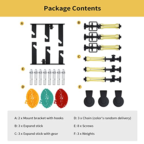 Meking Photography 3 Roller Backdrop Wall Mount, Manual Background Roller Support System with 2 Tri-fold Hooks, 6 Expand Bars and 3 Chains for Photography Studio Holding 3 Backdrops