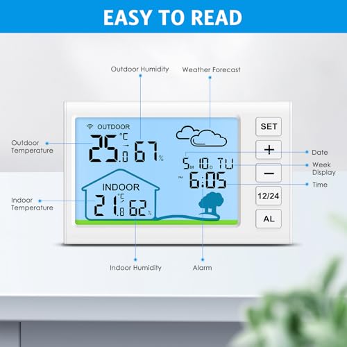 AMIR Indoor Outdoor Thermometer Wireless Weather Station - Backlight Outdoor Thermometer Battery & Type-C Powered, Hygrometer Monitor with Max/Min,Alarm,Snooze