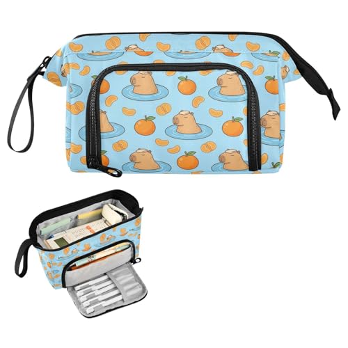 Image of Capybara Fruits Blue Print Pencil Case Pouch Big Capacity Pencil Bag Box Organizer Pen Case with Compartmens Stationery Organizer for Girls Boys Women School College Office