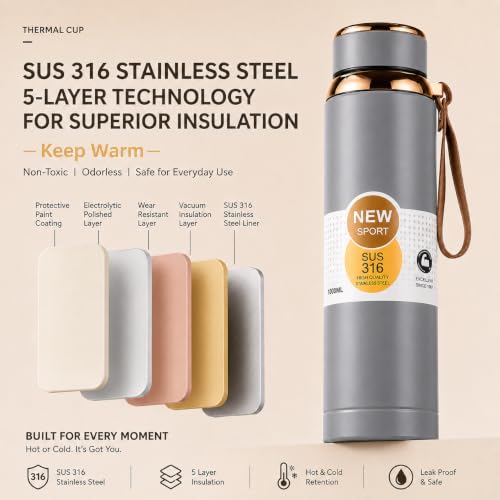 Image of 316 Stainless Steel Water Bottle 1 Litre | Hot & Cold | Durable & Leak-Proof | For Office, Home, Kids, School For Women Men | 1000ml water bottle | Slate Mist