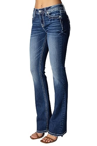 Miss Me Women's Mid-Rise Bohemian Pattern Embellished Bootcut Jeans with Faux Flap Pockets3