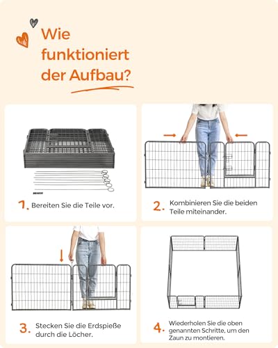 Feandrea Freilaufgehege, Laufstall DIY, mit 8 Gitterplatten je 77 x 60 cm, 2 L-förmige Riegel, transportabel, für innen und außen, Haustiere ohne Halsband, grau PPK86G