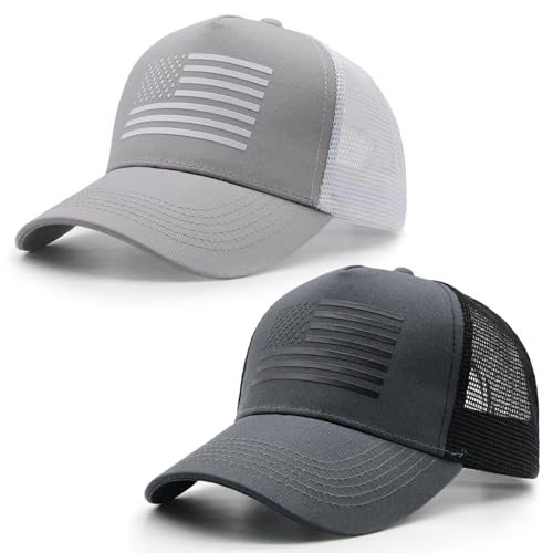 Image of 2 Packs American Flag Trucker Hat, Adjustable Mesh Snapback Baseball Caps for Men Women