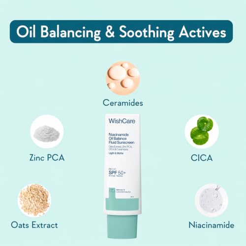 Image of WishCare Niacinamide Oil Balance Fluid Sunscreen SPF 50 PA++++, 80ml | In-Vivo Tested, Lightweight & No White Cast, Photostable Sunscreen For Oily Skin with 8Hrs+ SPF Protection, For Women & Men