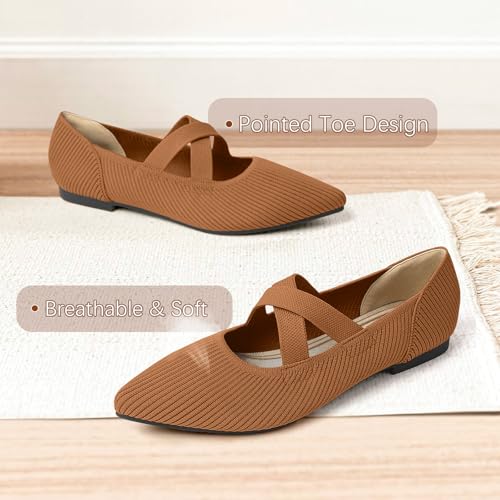 Image of TINGRISE Womens Mary Jane Flats Knit Ballet Flats for Women Pointed Toe Dressy Comfortable Slip-On Flats Shoes for Work Casual