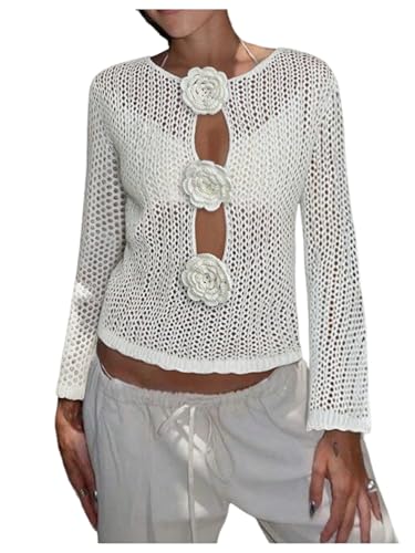 MakeMeChic Women's 3D Floral Crochet Sweater Cut Out Long Sleeve Crew Neck Knitted Crop Pullover Tops